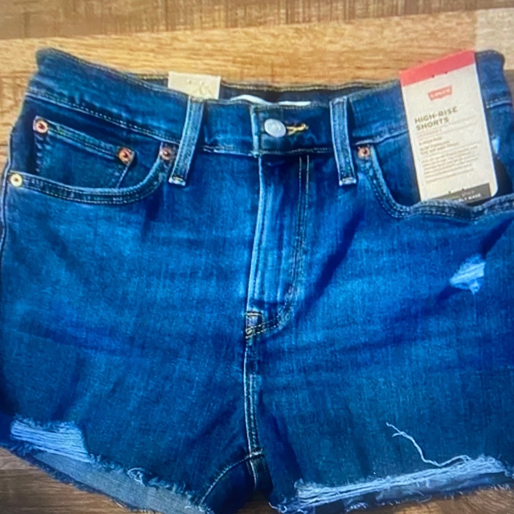 Levi's Dark Blue Distressed High-Rise Jean Shorts